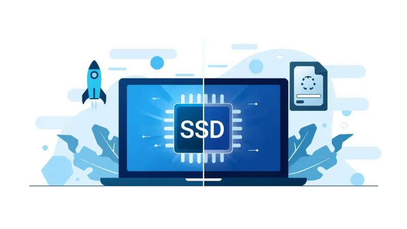Gaming laptop illustration comparing SSD and HDD performance
